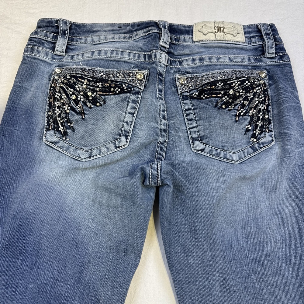 Miss Me Jeans Boot WOMENS 29/29.5 Embroidered RHINESTONES EMBELISHED WHISKERING